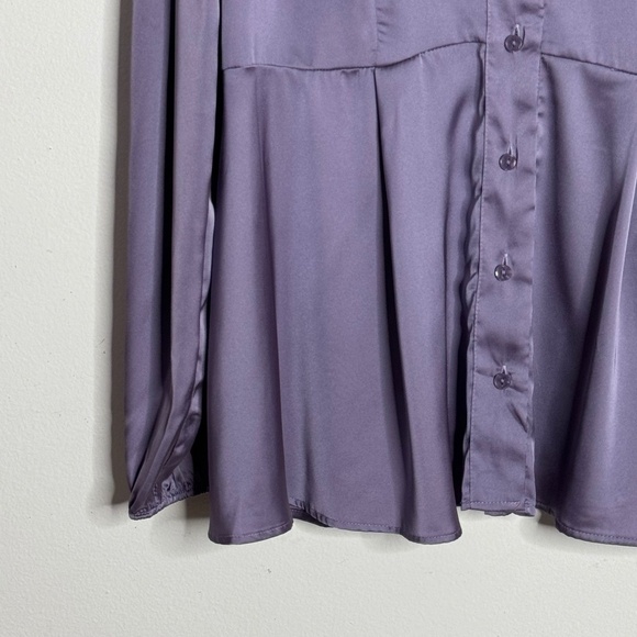 NWT Torrid Satin Peplum Blouse Empire Waist Purple Long Sleeve Button Front Top - Picture 3 of 11